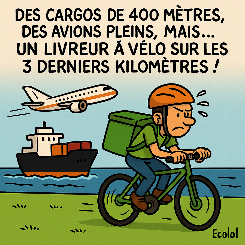 Des cargos de 400 mètres, des avions pleins, mais… un livreur à vélo sur les 3 derniers kilomètres !