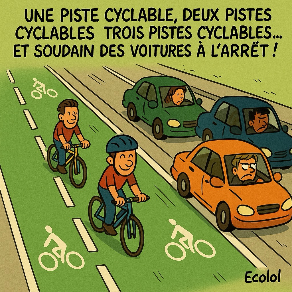 Une piste cyclable, deux pistes cyclables… et soudain des voitures à l'arrêt !